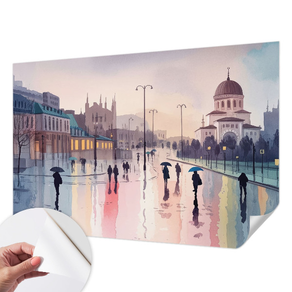 3D wall mural with a rainy walk motif
