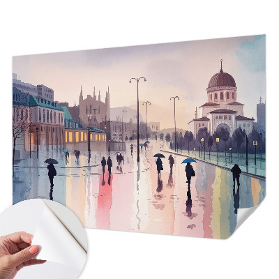 3D wall mural with a rainy walk motif