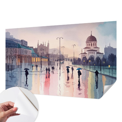 3D wall mural with a rainy walk motif