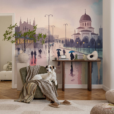 3D wall mural with a rainy walk motif