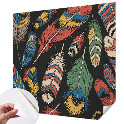 Peel and stick wall mural for bedroom with a colorful feather pattern
