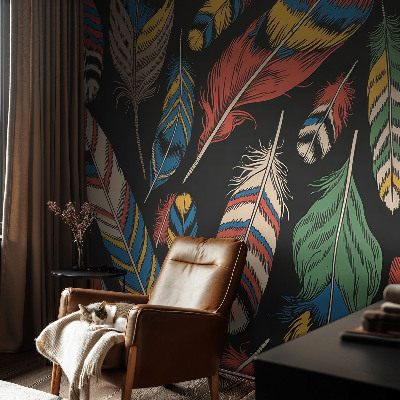 Peel and stick wall mural for bedroom with a colorful feather pattern