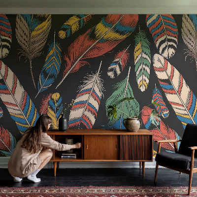 Peel and stick wall mural for bedroom with a colorful feather pattern