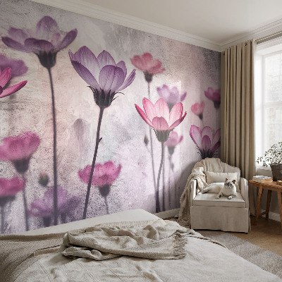 Children's wall mural with pastel flower motif
