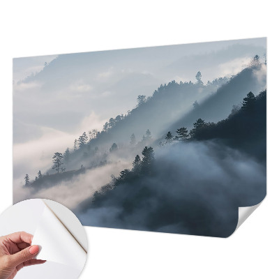 Baby room wall mural with a foggy landscape design