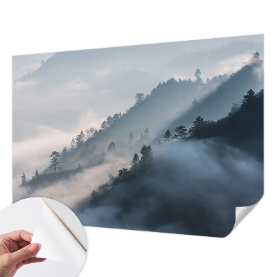 Baby room wall mural with a foggy landscape design