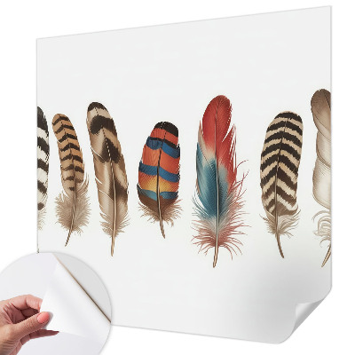 Peel and stick wallpaper mural featuring a colorful feather pattern