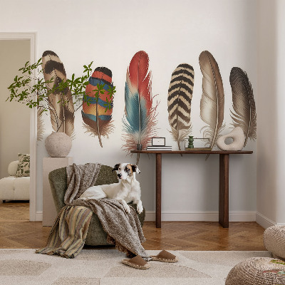 Peel and stick wallpaper mural featuring a colorful feather pattern
