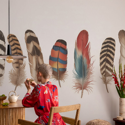 Peel and stick wallpaper mural featuring a colorful feather pattern