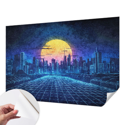 Nursery wall mural with a futuristic landscape design
