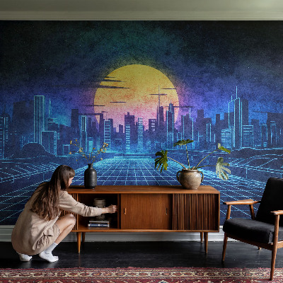 Nursery wall mural with a futuristic landscape design