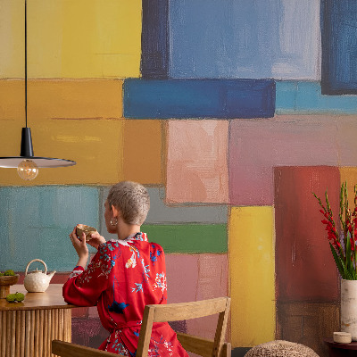 Self-adhesive wall mural with a pattern of colored rectangles