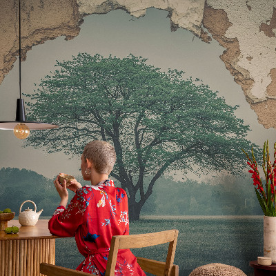 Removable wall mural featuring a solitary tree design