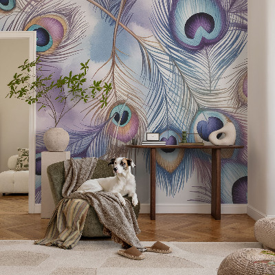 Removable wall mural wallpaper with a peacock feather pattern