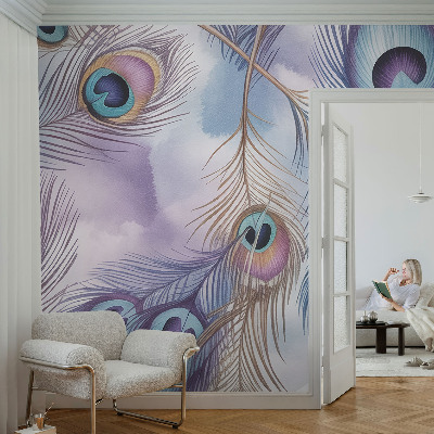 Removable wall mural wallpaper with a peacock feather pattern