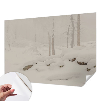 Children's wall mural with a snowy forest design