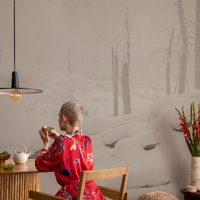 Children's wall mural with a snowy forest design