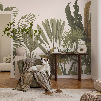 Baby room wall mural with an exotic leaves motif