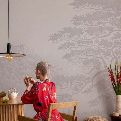 Removable wall mural wallpaper with a castle landscape design