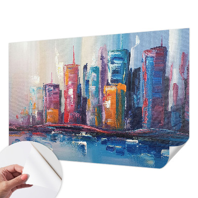Self-adhesive wall mural with a colorful city design