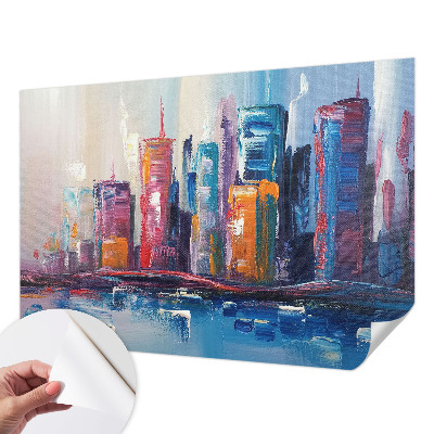 Self-adhesive wall mural with a colorful city design