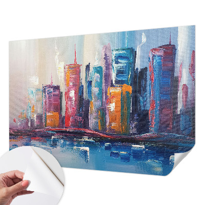 Self-adhesive wall mural with a colorful city design