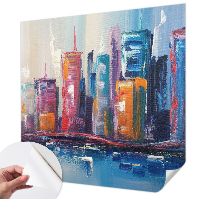 Self-adhesive wall mural with a colorful city design