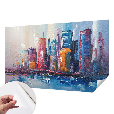 Self-adhesive wall mural with a colorful city design