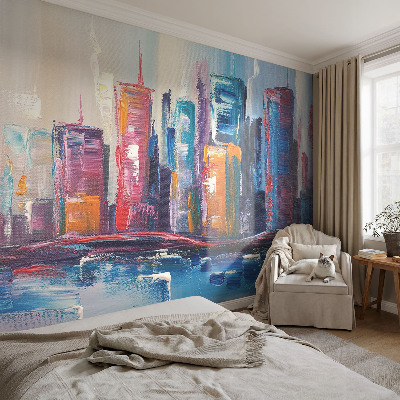 Self-adhesive wall mural with a colorful city design