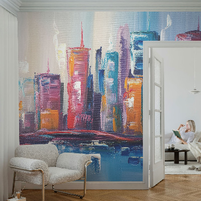 Self-adhesive wall mural with a colorful city design