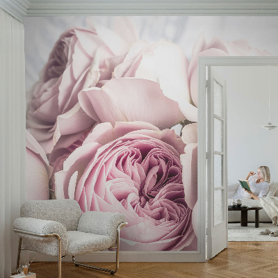 Nursery wall mural with pink rose motif