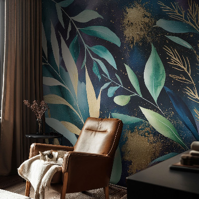Children's wall mural with a botanical leaves design