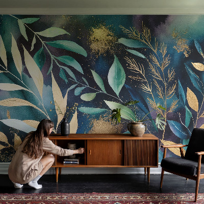Children's wall mural with a botanical leaves design