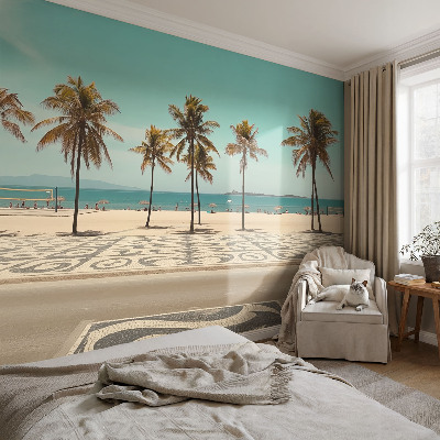 Self-adhesive wall mural with a palm tree beach motif