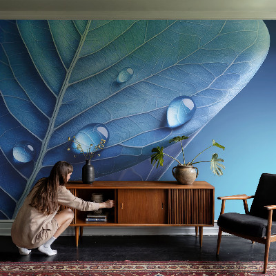 Children's wall mural with a blue leaf design