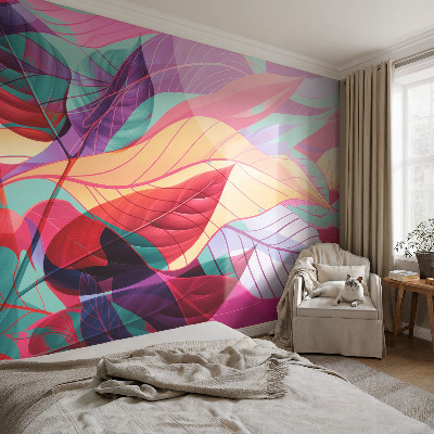 Self-adhesive wall mural with an abstract leaves design