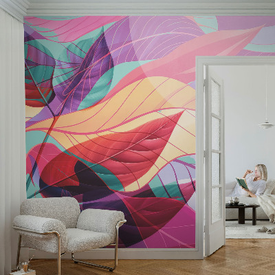 Self-adhesive wall mural with an abstract leaves design