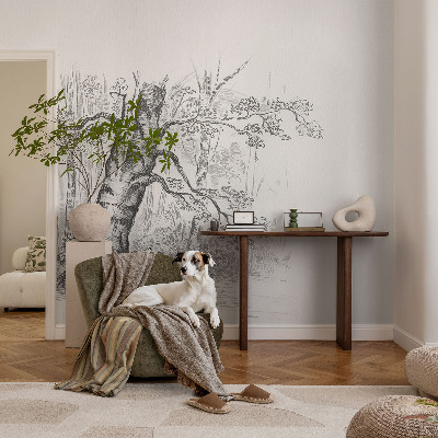 Removable wall mural wallpaper with a forest tree design
