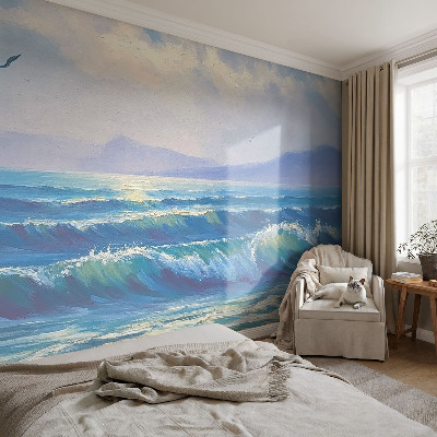 Baby room wall mural with a sea waves design