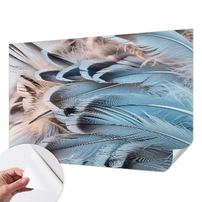 Peel and stick wall mural for bedroom with a blue feather pattern