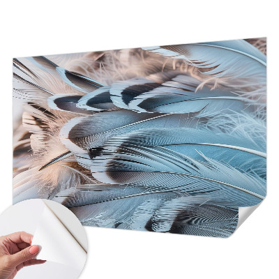 Peel and stick wall mural for bedroom with a blue feather pattern
