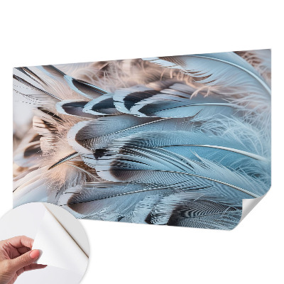 Peel and stick wall mural for bedroom with a blue feather pattern