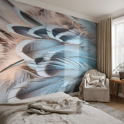 Peel and stick wall mural for bedroom with a blue feather pattern