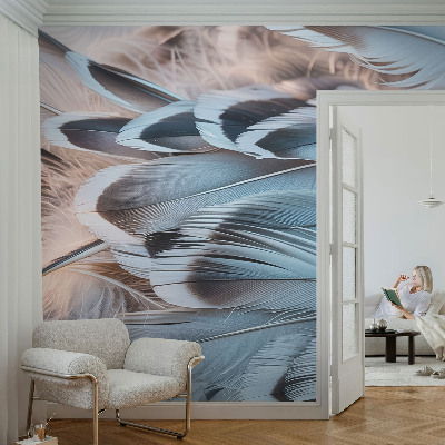 Peel and stick wall mural for bedroom with a blue feather pattern