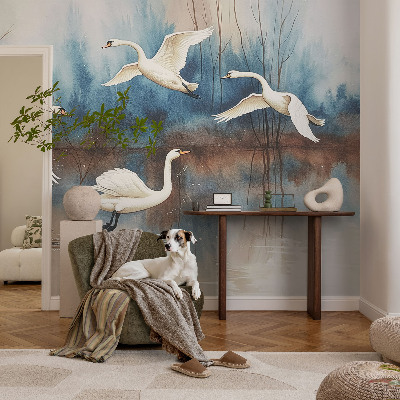 Self-adhesive wall mural with a birds-in-flight design