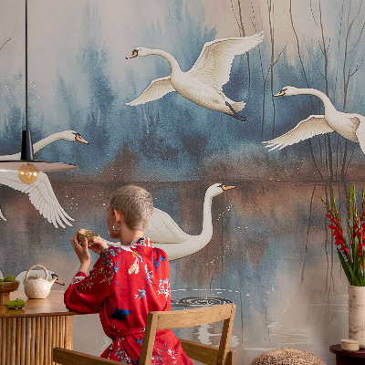Self-adhesive wall mural with a birds-in-flight design