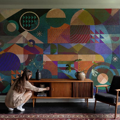 Stick-on wall mural with geometric artwork