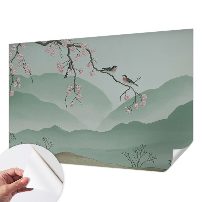 Removable wall mural wallpaper with a Japanese serenade design