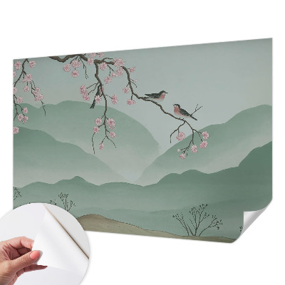 Removable wall mural wallpaper with a Japanese serenade design