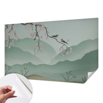 Removable wall mural wallpaper with a Japanese serenade design